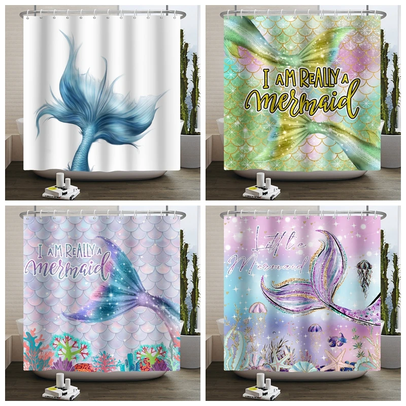 Mermaid Tail Shower Curtain Modern Kawaii Colorful Waterproof Polyester Bathtub Screen for Children Bathroom Curtains 180x240