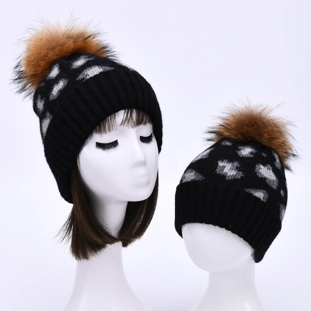 

Jxwatcher Winter Cashmere Beanie Hat Mom and Kids Set Big Raccoon Fur Pompom Autumn Warm Leopard Pattern Bonnet Female New Style