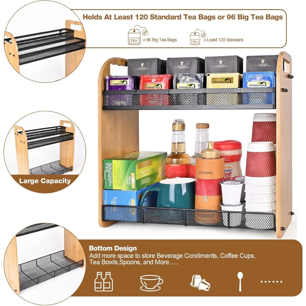 Large Capacity Bamboo Tea Bag Organizer with Adjustable Compartments, Wall Mount or Desktop Storage for Home Kitchen Office