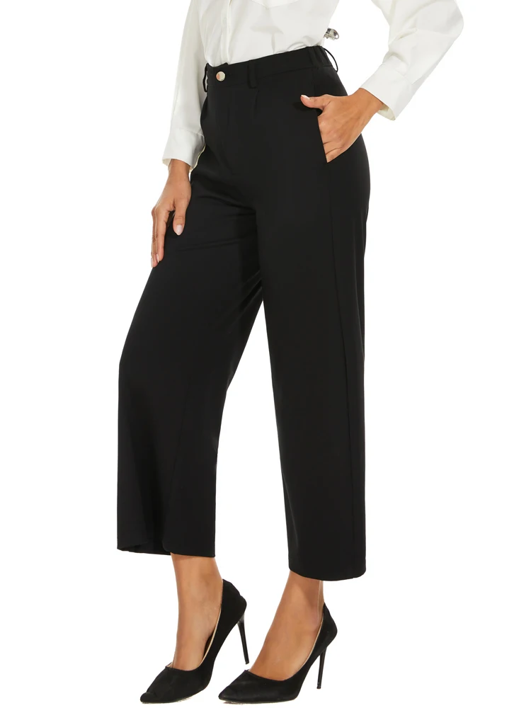 Vangull Women Wide Leg Pants Solid Female Summer New Black Loose Pocket Simple High Waist Thin Stright Ankle-Length Pants