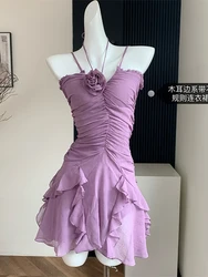 Vintage Irregular Ruffle Design Women Slim Halter Vestidos 2024 Purple New Floral Decoration Pleated Suspender Dress Fashion