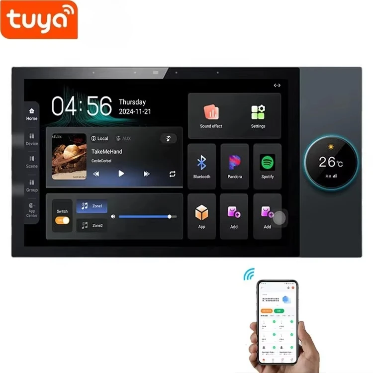 

Big Screen Tuya Smart Control Panel 10 Inch Inwall Smart Home Central Control Panel Android with Amplifier 8x30watts Zigbee Hub