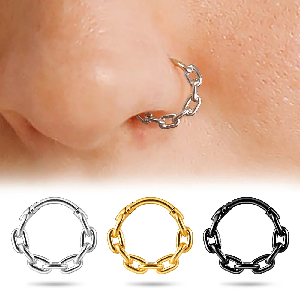 Giga 16G Nose Rings for Women Trendy Chain Stainless Steel Septum Ring Hoop Cartilage Clicker Hoop Earrings for Rook Daith