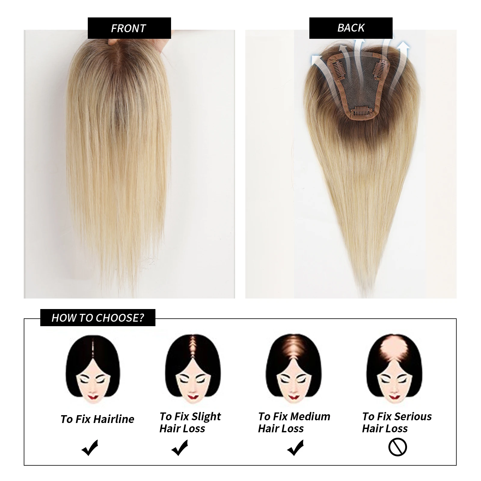 Toppers per capelli umani Clip in biondo Ombre Marrone Base in pizzo Posticci Parte centrale Estensioni dei capelli umani Remy per donne 12 pollici