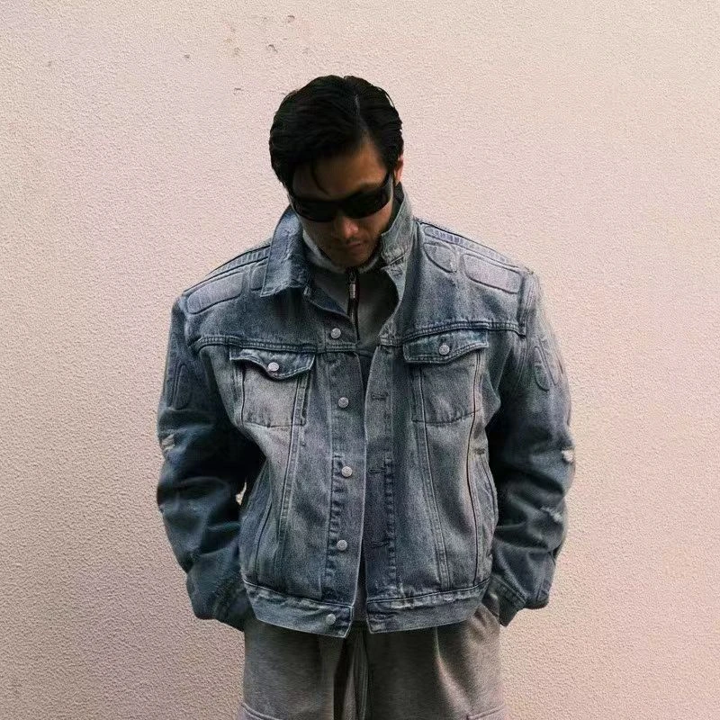 

Autumn/Winter New YZY Kanye Armor Cowboy Jacket Heavy Duty Washed Folded Vintage Piercing Design Hip Hop Fashion Coat Street