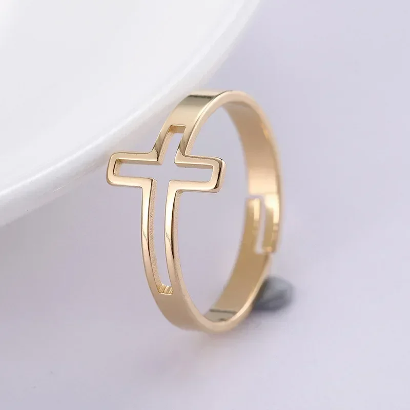 Christian Christ Jesus Cross Ring Stainless Steel Gold Color Lord Prayer Catholic Rosary Church Rings Jewelry Anillo Open Size