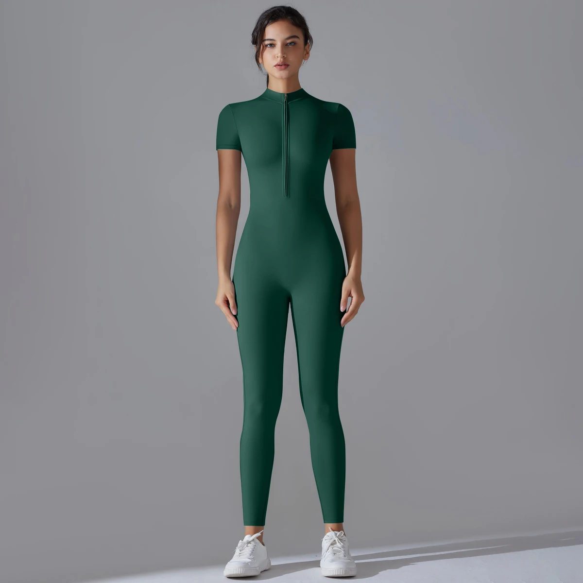 Naakte yoga-jumpsuit met korte mouwen en rits, sneldrogend, ademend, nauwsluitend jumpsuit voor buitensporten, fitnesspak - afbeelding 1