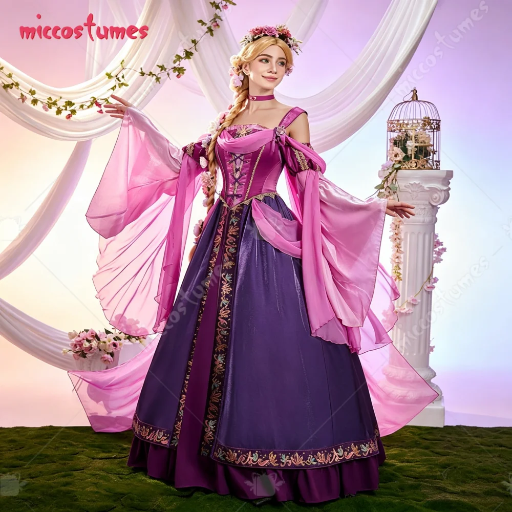 US+EU Stock Miccostumes Women's The Long Hair Princess Medieval Dress with Wreath Headdress and Fluttering Ribbons for Halloween view 2