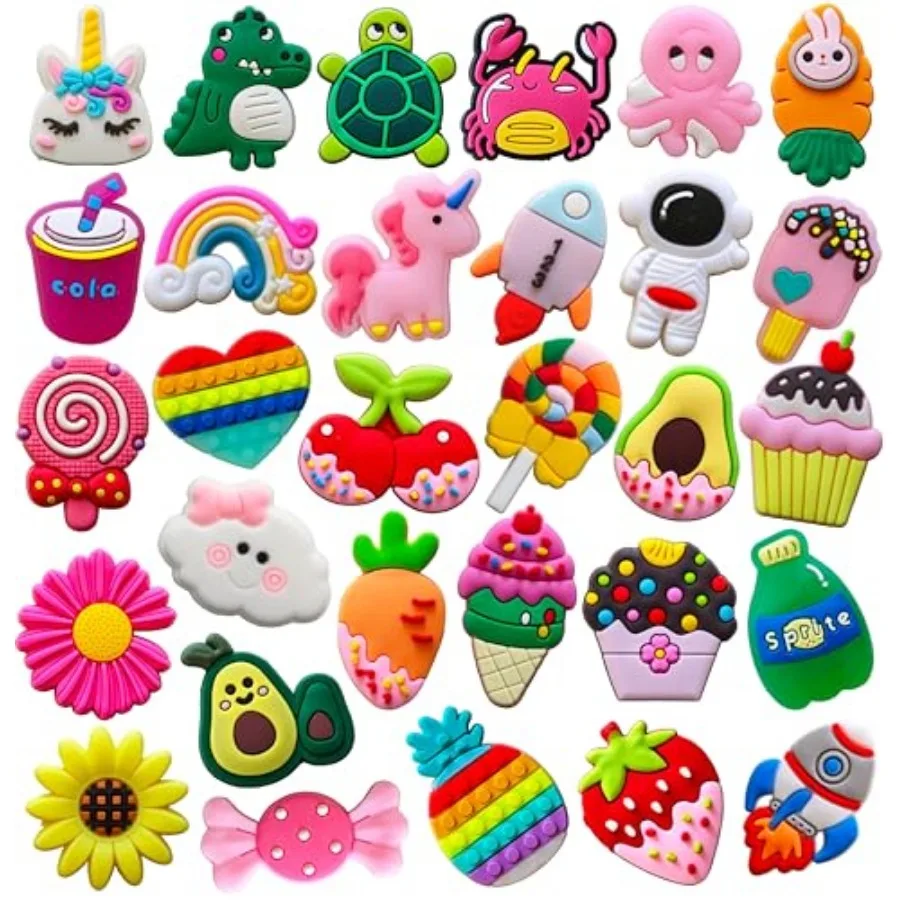 

30PCS Cute Cartoon Shoe Charms for Girls, Bulk Kawaii Animal Food Space Design Shoe Decoration Accessories Pins for and Adults
