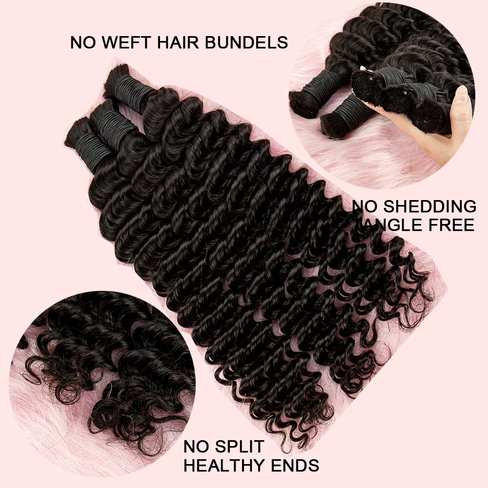 NABI Human Hair Bundles for Braiding Deep Wave Virgin Hair Extension Natural Color Braids No weft Hair Bulk Extensions