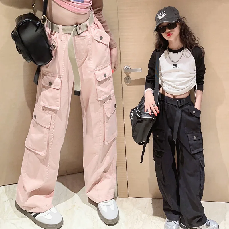 

Autumn Winter Girls Cargo Pants Fashion Casual Straight Wide Leg Pants teen school Thick Fleece Warm Loose Sport Trouser 5-14 Y