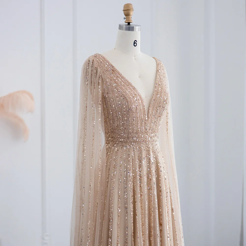 Sharon Said Luxuriöse Champagner-Abendkleider mit Cape-Ärmeln, Arabisches Grün-Nude Ballkleid für Damen, Hochzeitsfeier SS322 Maßanfertigung – Detail 10