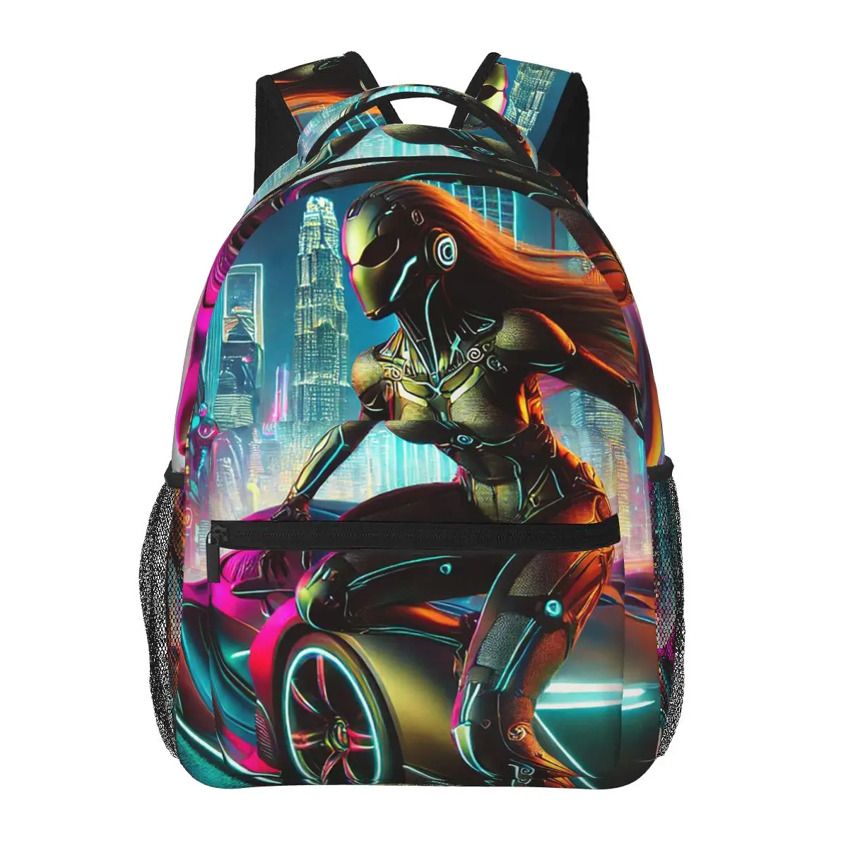 

Futuristic Superhero Woman On A High Tech Vehicle Backpack Daypack Children BookBag School Bag Shoulder Bags for Men Women
