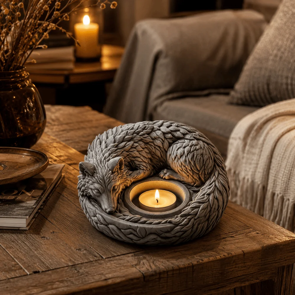 3D Printed Candle Holder Multi-functional Ornaments Wolf Sculpture Dark Style Furry Texture Sleeping Wolf Candlestick