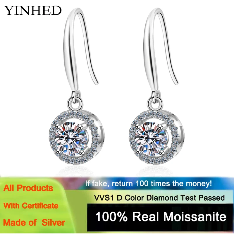 

YINHED 100% 925 Sterling Silver Real 1.0CT Diamond Test Passed Moissanite Drop Earrings For Women Sparkling Wedding Jewelry