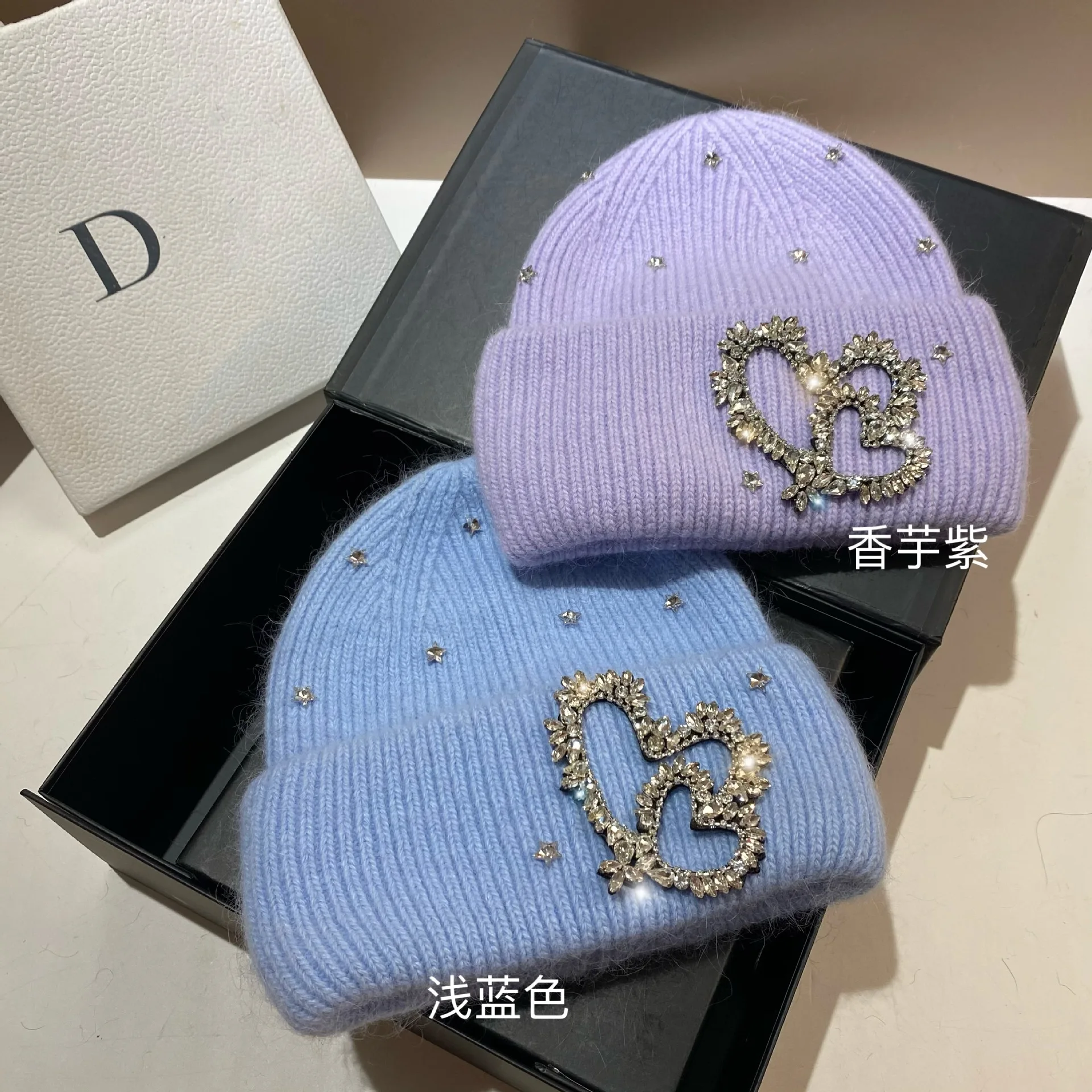 Heavy Industry Water Diamond Love Rabbit Hair Knitted Caps Women's Winter Outdoor Warm Ear Protection Fashion Sweet Beanie Hats