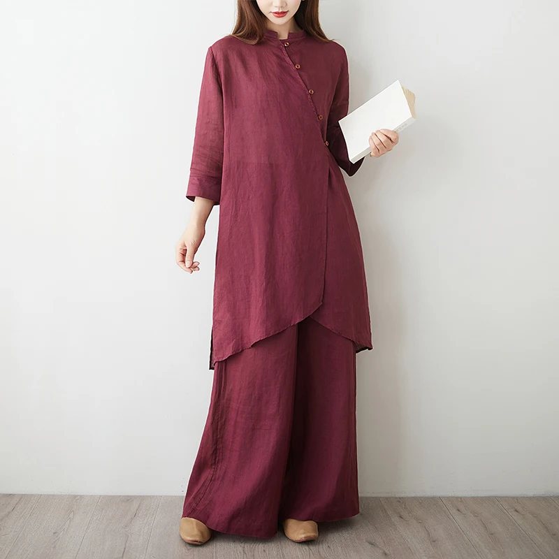 Chinese Style Two-Piece Set Cotton Vegetarian Clothes Zen Study Buddhist Clothes Slanting Lapel Layman's Clothes for Women