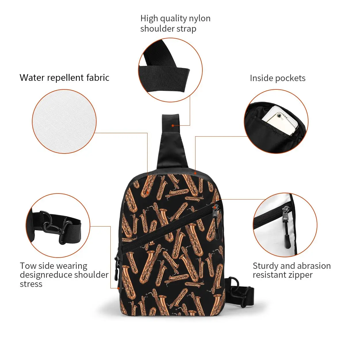 Bolso de pecho negro con patrón de saxofón barítono, mochila cruzada para hombre, bolso de pecho, mochila de viaje para senderismo, bolso de hombro