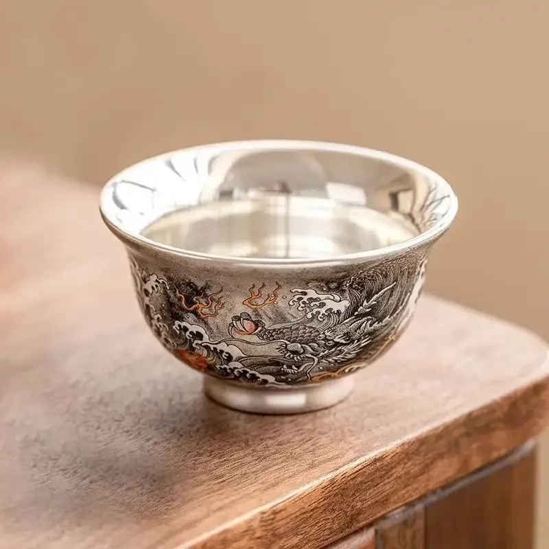 80ML Yuhua Ink Dragon Small Teacup High-end Kung Fu TeaSet Master Cup Ink Wind Hand-painted 999 Silver TeaCup Coffeeware Teaware