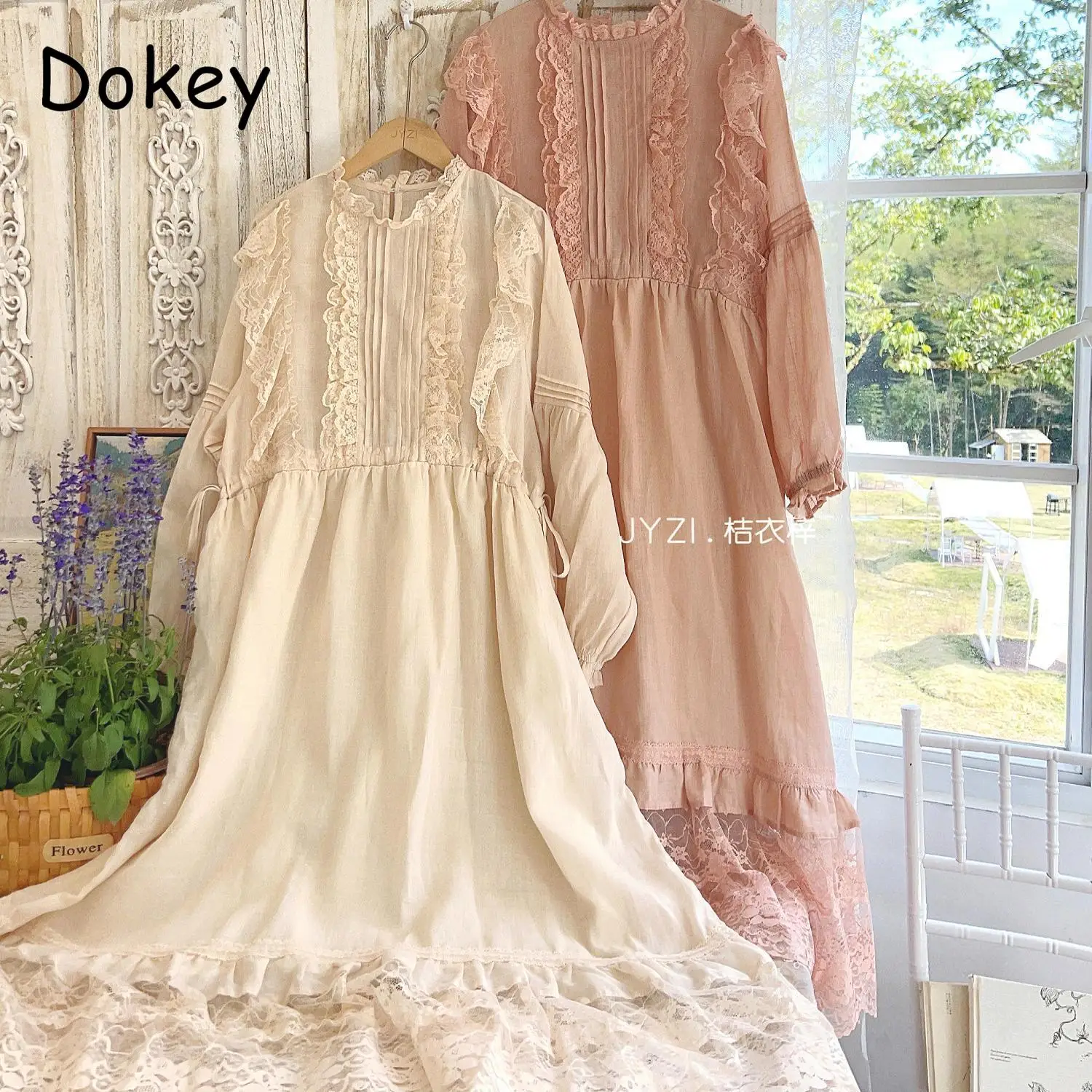 

Vintage Embroidery Lace Ruffled White Dress Women Mori Girl Lace-up Cotton Linen Dress Spring Casual Long Sleeve Lolita Vestidos