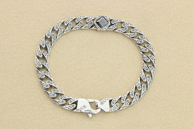 Small Tang Grass Pattern Bracelet for Men, Pure Silver 925, Trendy Hip Hop, European and American Vintage Pattern for Men, Fashi