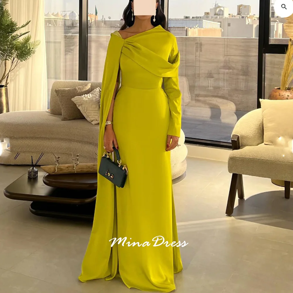 

Mina Customized Fuchsia Irregular Neckline Shawl Sleeves Lemon Yellow Evening Dress Luxurious Women's Evening Dresses Party Prom