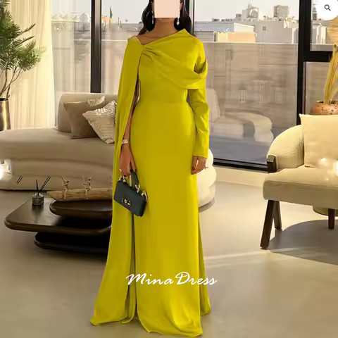Mina Customized Fuchsia Irregular Neckline Shawl Sleeves Lemon Yellow Evening Dress Luxurious Women's Evening Dresses Party Prom