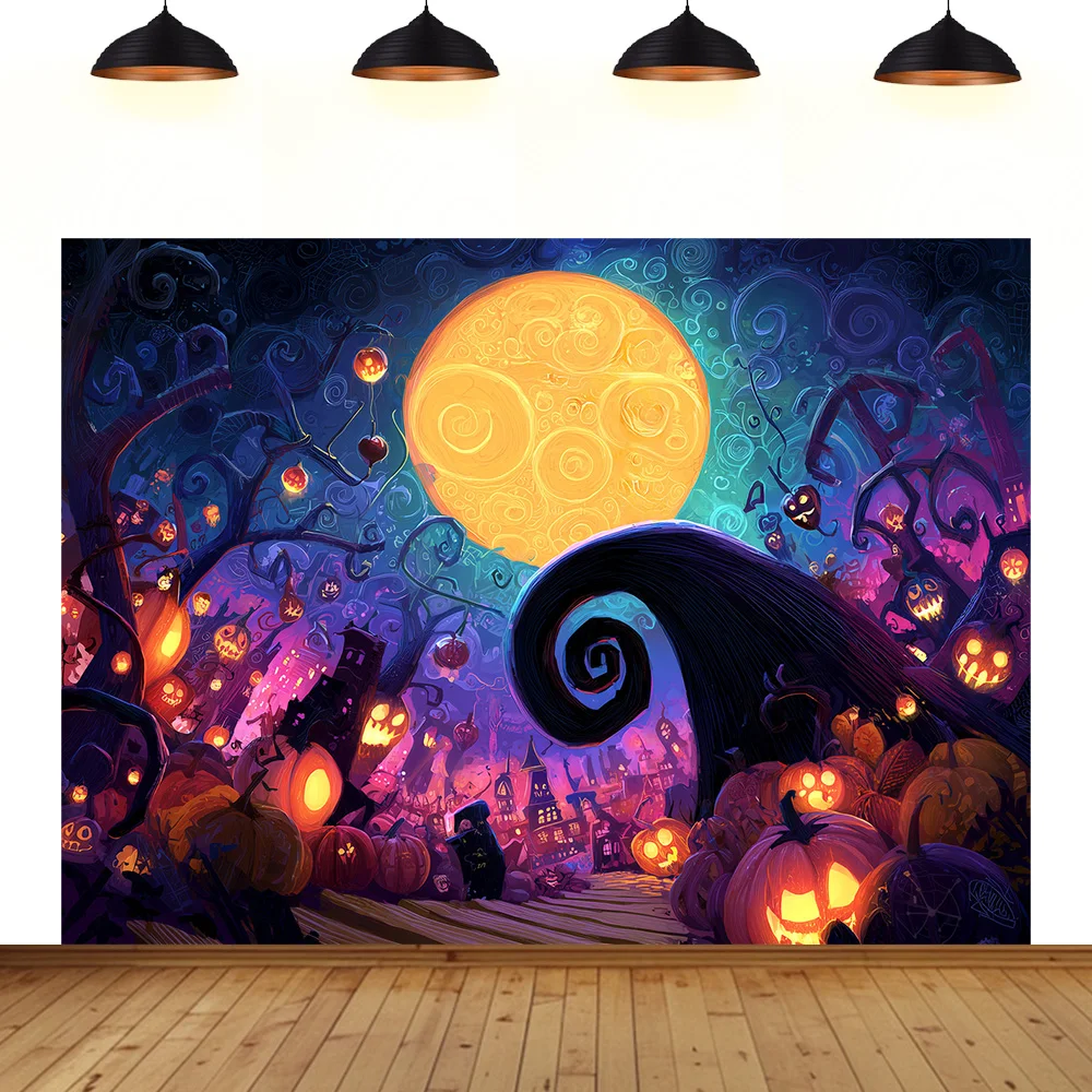 

Halloween Theme background Christmas Eve horror tree grave late at night full moon cute child decoration photography backdrop