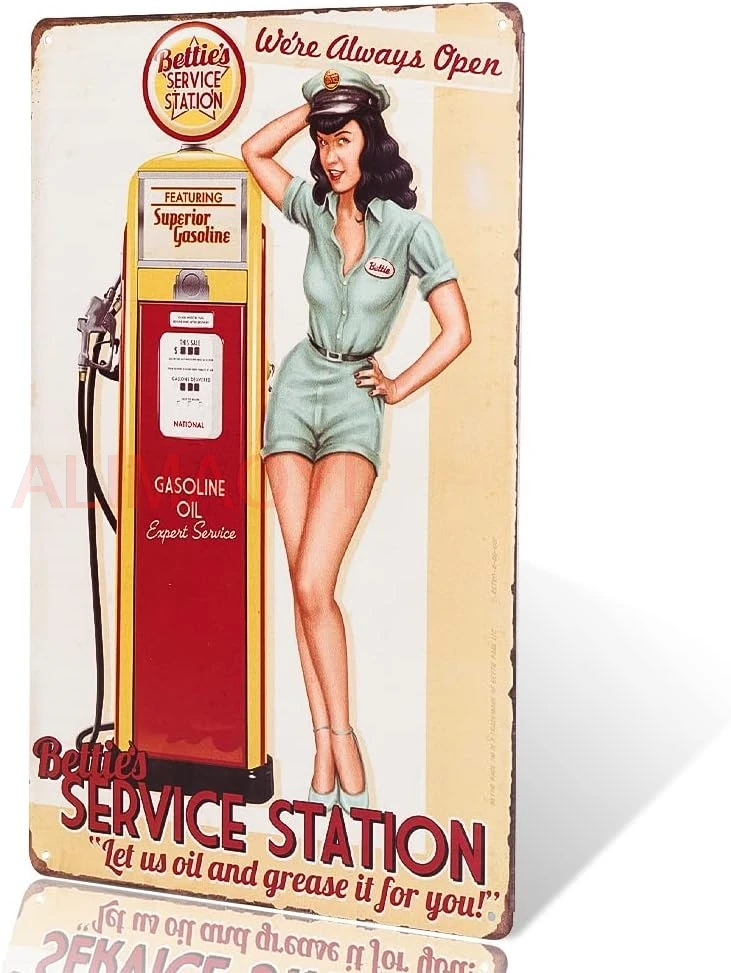 dingleiever-Bettie's Service Station Pin Up Girl Sign Let us oil and grease it for you. We're Always Open!