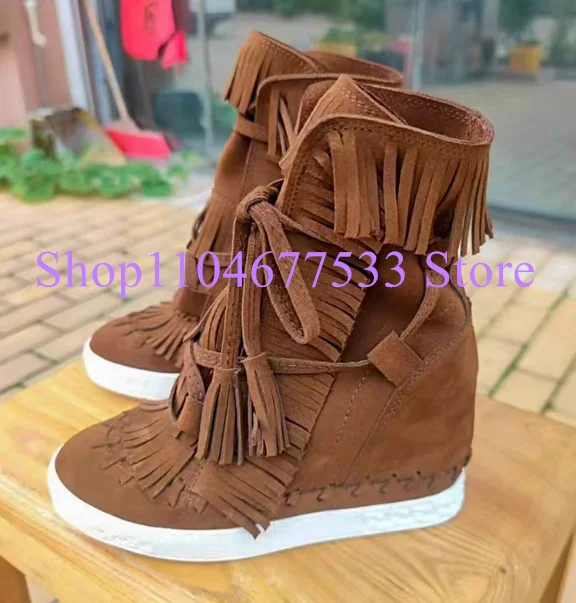 New 8cm Increasing Heel Fringe Woman Ankle Boots Fashion Leather Suede Tassel Lady Platform Shoes Female Casual Shoes