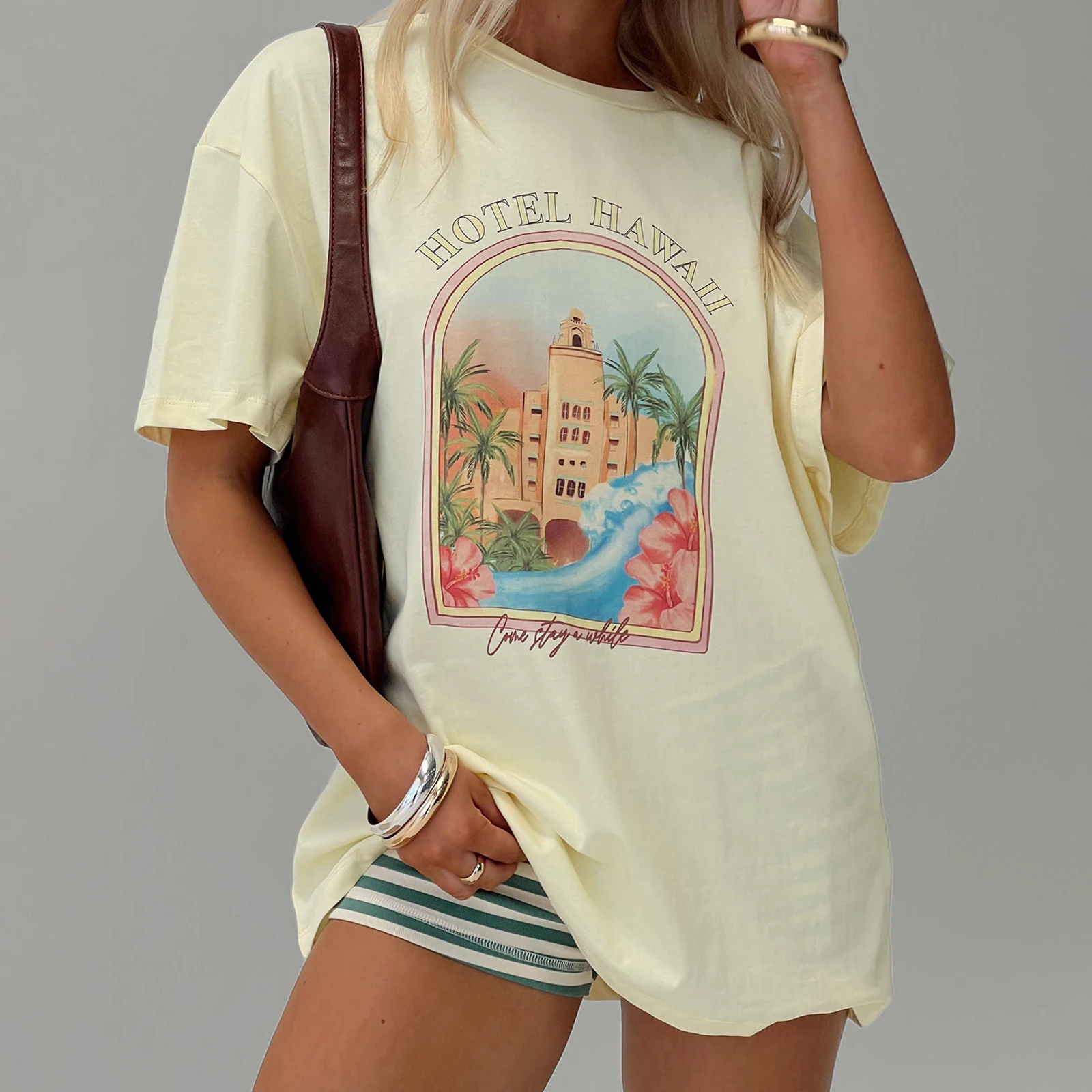 

New Fashion Womens Loose Summer T-Shirt Letter Hotel Print Short Sleeve Round-Neck Tops Streetwear Hot Sale S M L