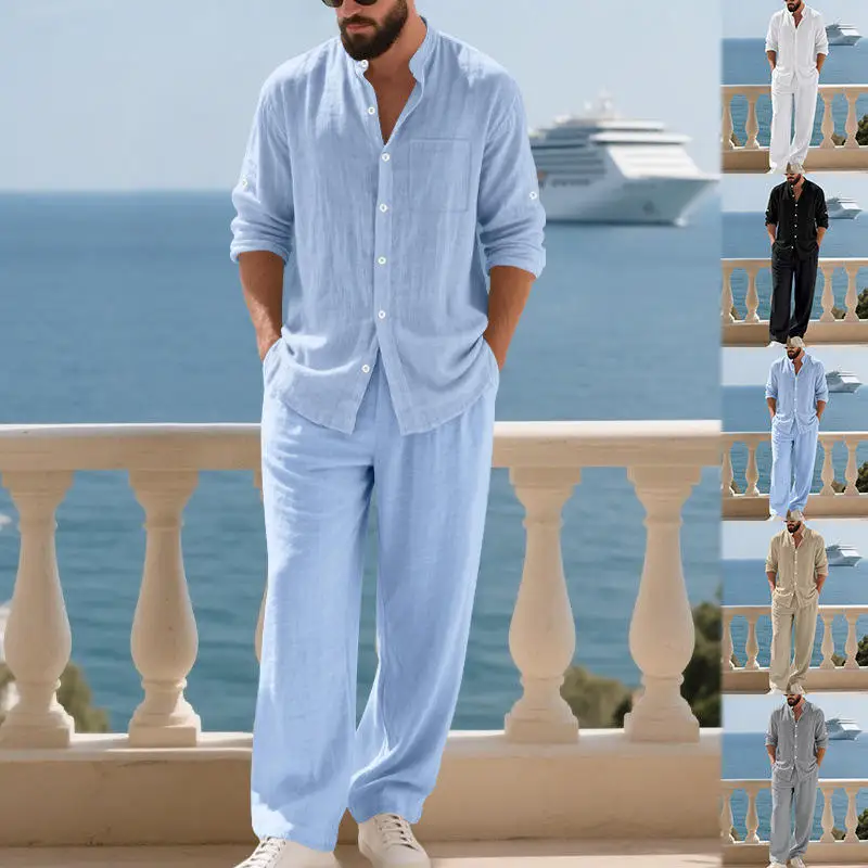 

Мужской комплект из льняной рубашки Хенли с длинным рукавом и пляжных брюк: осенний, простой, дышащий, для дома и пляжа, подростковый комплект