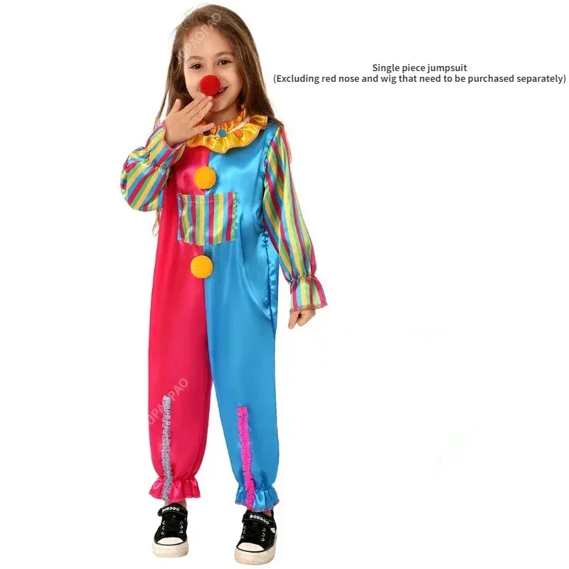 Tuta colorata di alta qualità Clown Cosplay Cos Suit 2024 Carnevale Nuovo costume da spettacolo teatrale per campus a contrasto per bambini
