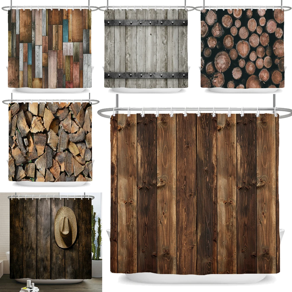 Rustic Shower Curtain, Vintage Vertical Wood Planks Distressed Rustic Hardwood Design,Fabric Bathroom Curtain Decor with Hooks