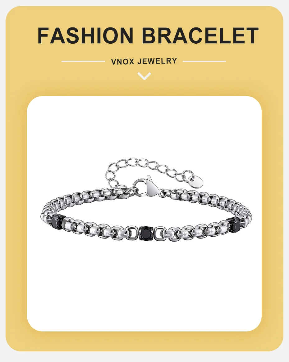 Vnox Herren-Armband aus Edelstahl mit Kastenkette, schwarzes quadratisches CZ-Gliederarmband, verstellbar, Punk-Schmuck, Geschenk für ihn, Ehemann, Freund – Detail 1