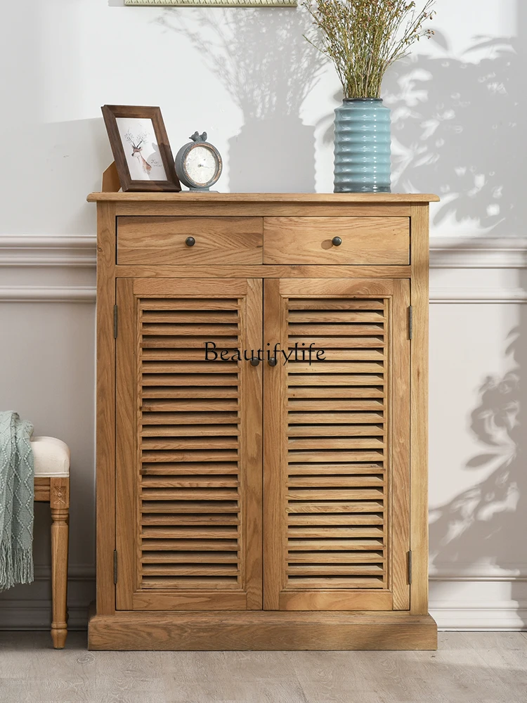

French Retro North American White Oak Shoe Cabinet Solid Wood Vintage Distressed Shutter Door Storage Shoe Cabinet