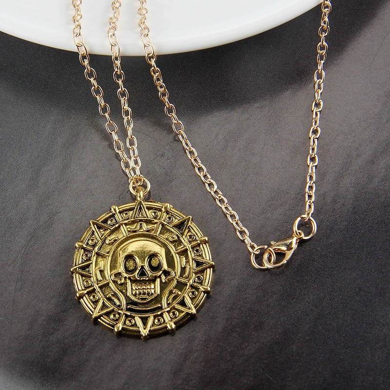 Pirates Of The Caribbean Necklace Jack Sparrow Aztec Skeleton Skull Heads Pendant Coin Medallion Vintage Jewelry