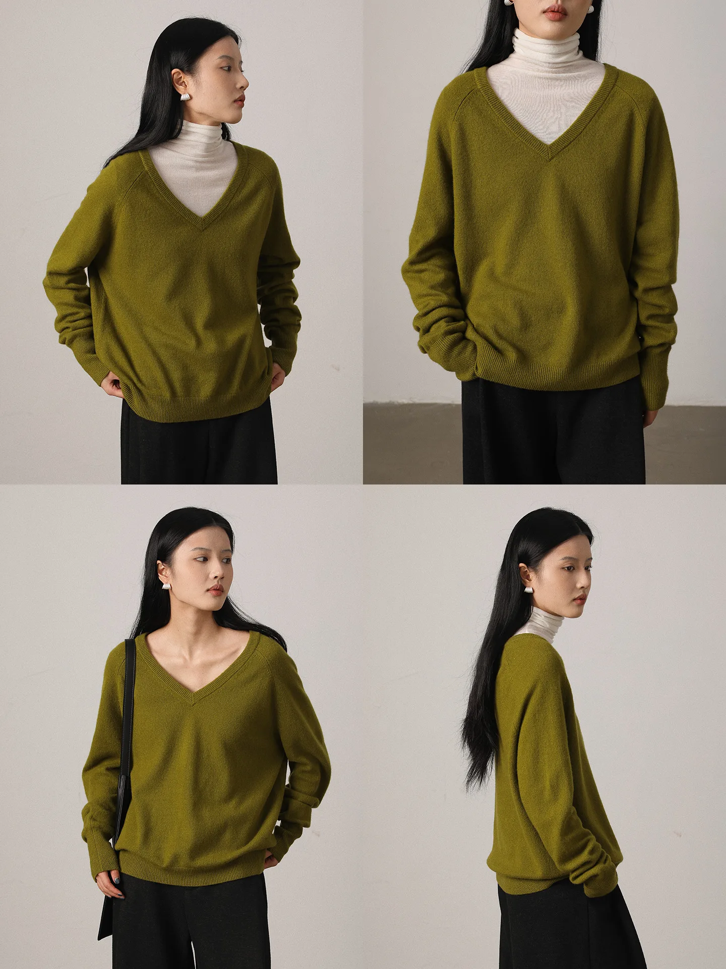 

Вязаный свитер Vimore из мягкой шерсти с V-образным вырезом, свободного кроя, цвета мох, повседневный, удобный, женский, зимний, с длинными рукавами