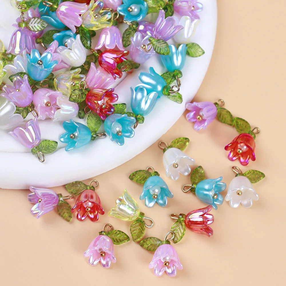 10pcs/lot 11x15mm Acrylic Lily of the Valley Flower Bud Charms Colorful Flower Charms for DIY Making Jewelry Accessories ﻿