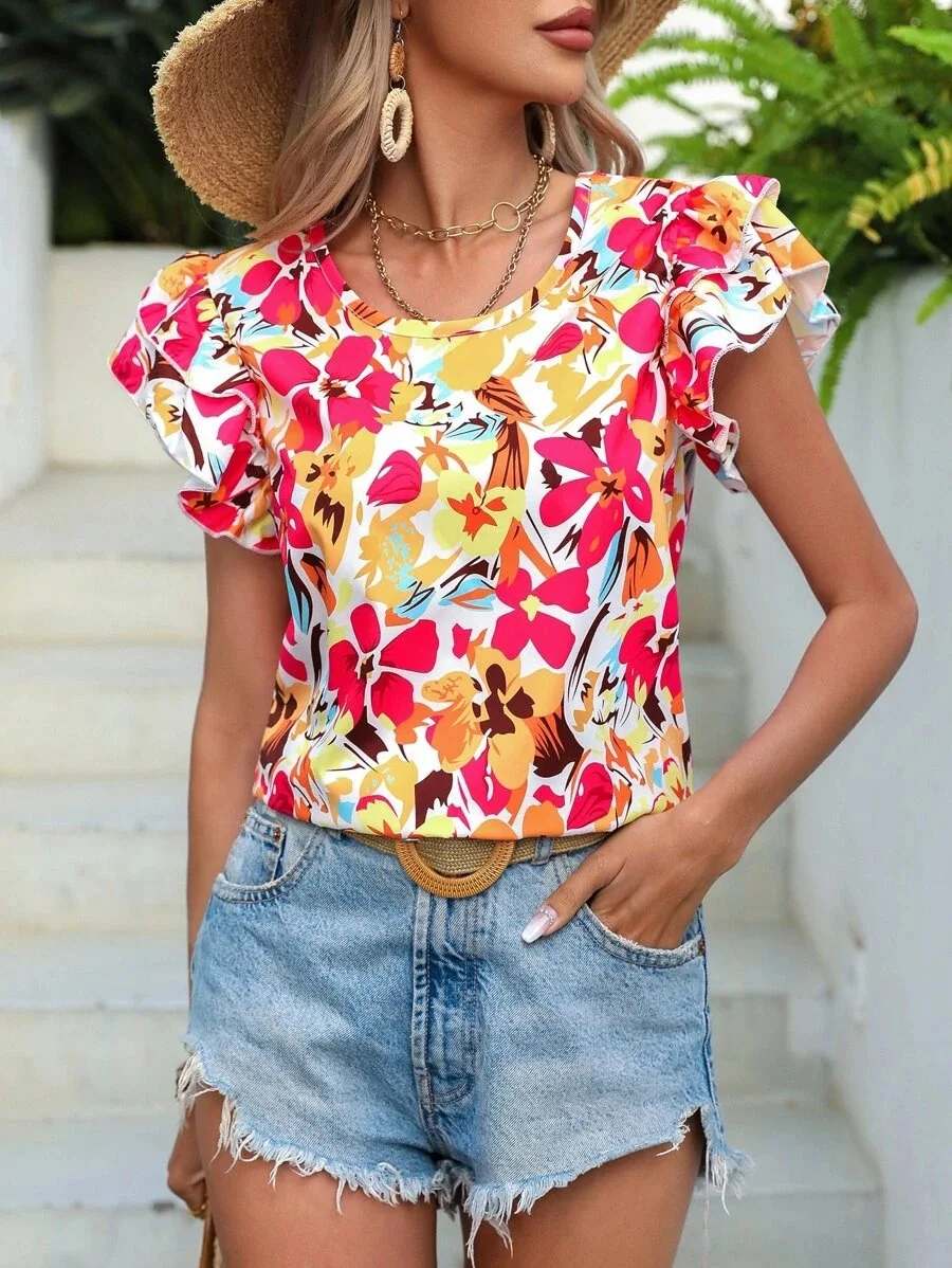 Fashion Flower Print Flying Sleeve Shirt Blouse Woman Spring Summer Casual O-neck Short Sleeve Blouses For Women 2023 Loose Tops