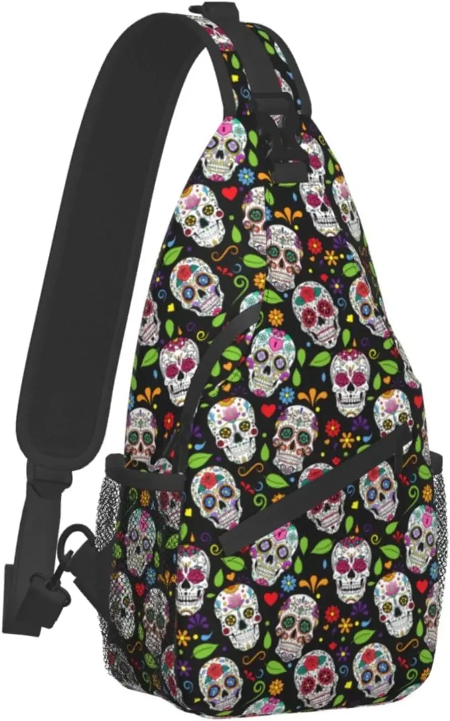 Sugar Skull Sling Bag Crossbody Backpack Hiking Travel Daypack Chest Bag Lightweight Shoulder Bag for Women Men