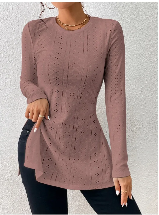 Women's Tees Long Sleeve O-neck Hollowed Out Shirt 2024 Autumn New Solid Patchwork Blouse Elegant Office Lady Tops Blusa Mujer