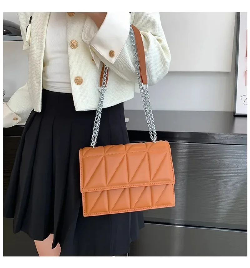 2024 New Fashion Chain Strap Flap Shoulder Bag Ladies Handbags Plaid PU Leather Crossbody Bags For Women Casual Small Square Bag