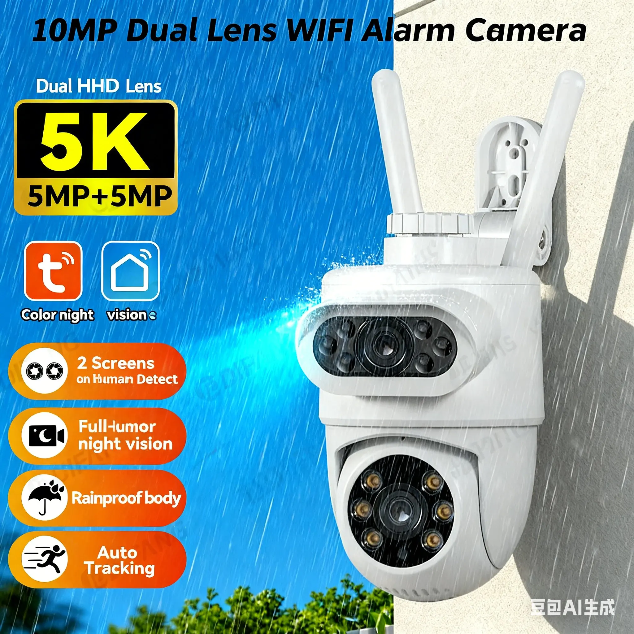 Tuya 5K 10MP Outdoor Security Camera, Dual Lens PTZ Auto Tracking, WiFi 24/7 Record, Works with Alexa Google Assistant