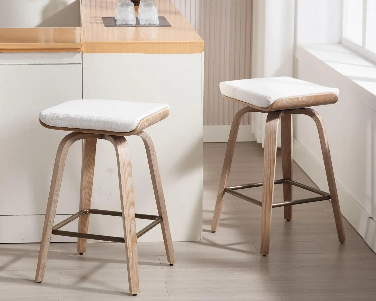 Swivel Bar Stools 2pcs with Linen Cushion, 360° Wooden Saddle Stool with Footrest for Kitchen & Bar, 26