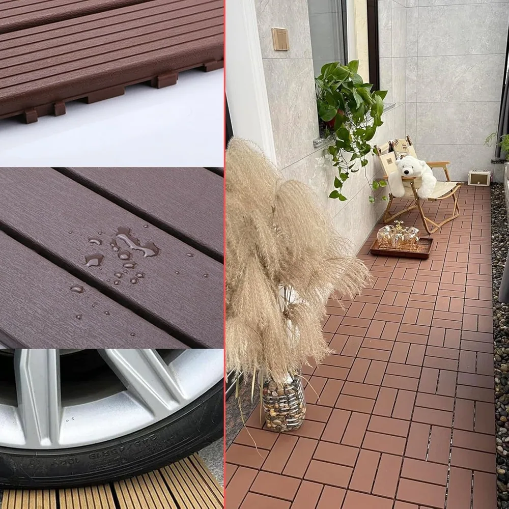 Plastic Interlocking Deck Tiles, Anti-Slip, Waterproof Wood Grain, All Weather Use, 12