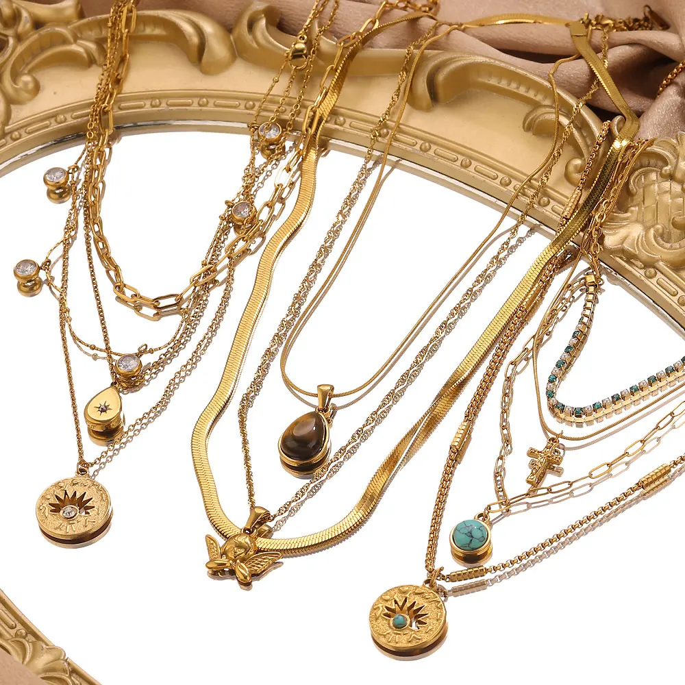 

GIOIO Stainless Steel Multi-Layer Chain Necklaces For Women Drop Natural Stone Charm Trendy Fashion Chic Angel Necklace Decro