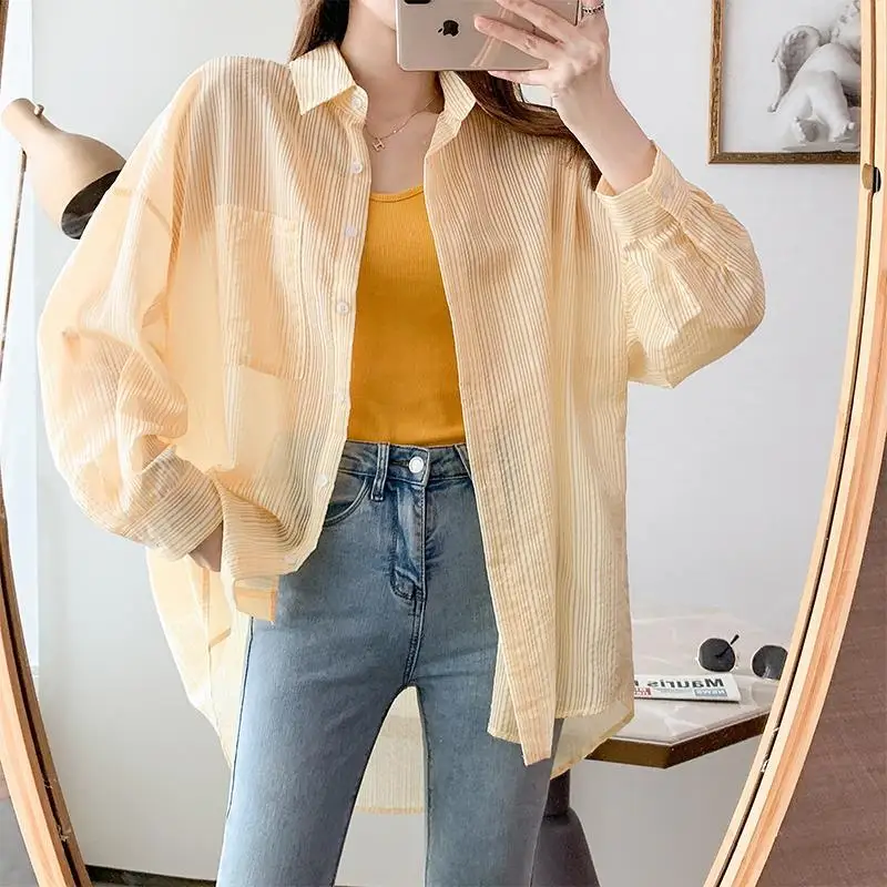 Streetwear Loose Single-breasted Shirt Spring Summer New Turn-down Collar Spliced Female Clothing Stylish Striped Pockets Blouse