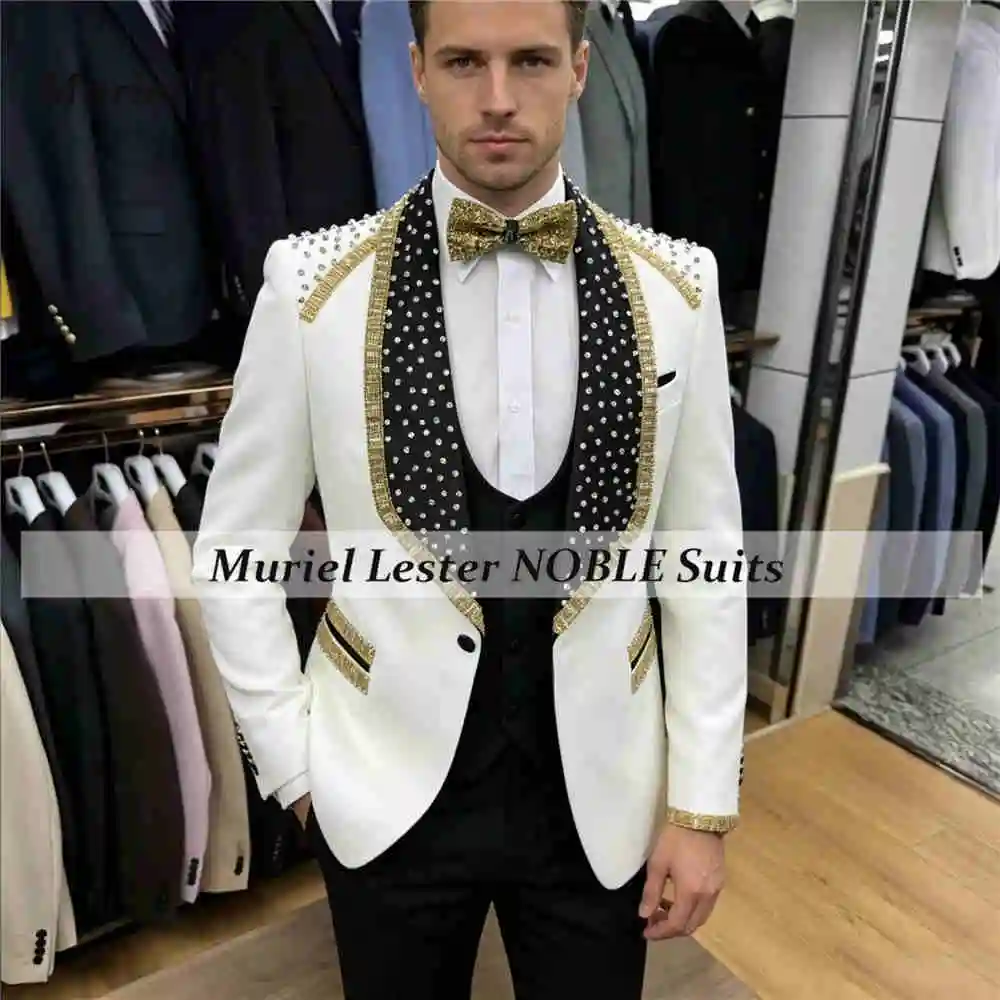 High End Beading Men's Suit Formal Wear 3-Piece One Button Prom Blazer Vest Pants Luxury Groom Tuxedos Customized Man Outfits