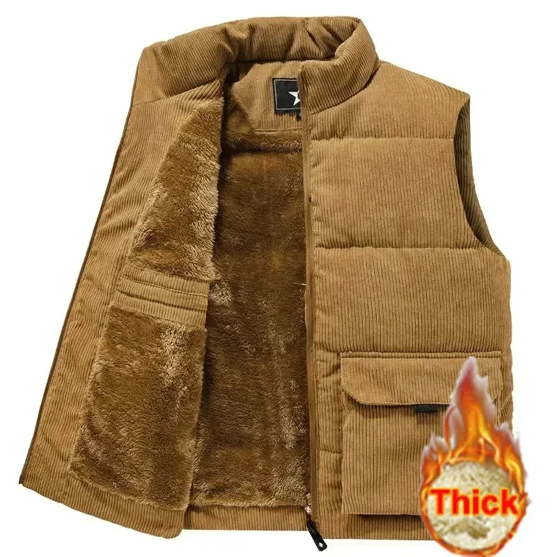 Plus Size 6XLThickened Fleece Lined Corduroy Vest  Male Cotton-Padded Vests Coats Men's Sleeveless Vest Jackets Warm Waistcoats